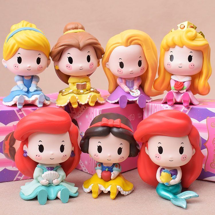 Disney Princesses Q Posket Figure Mainan Boneka Mermaid Ariel Cinderella Snow White Versi Duduk PVC Action Figure Toy 6PCS/Set