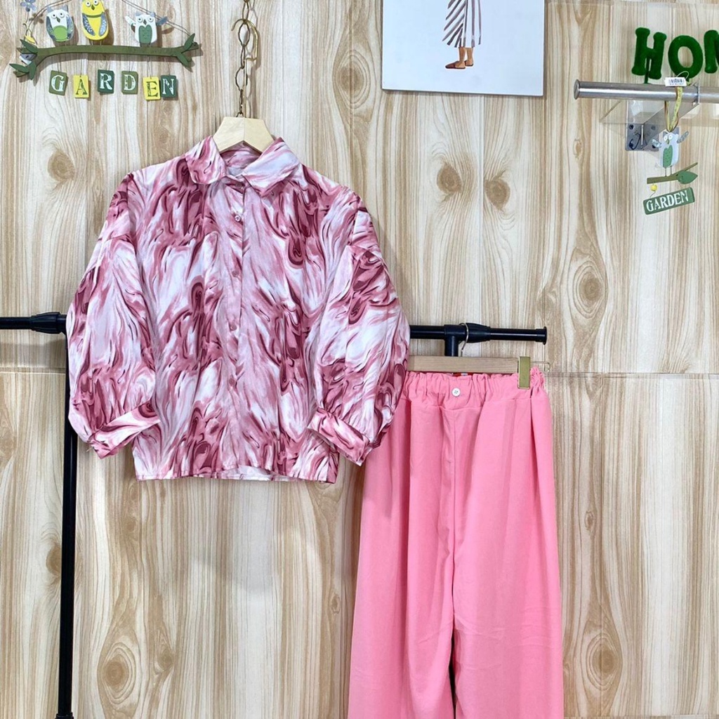BEFAST - ZSO SETELAN TASYA / One Set Carlotta Marble Puffy / Set Atasan Kemeja Lengan Panjang Motif Abstrak+Celana Panjang Polos / Fashion Wanita Remaja Terbaru / Outfit Daily Wanita Kerja / Pakaian Casual Remaja ABG Terlaris / Trendy