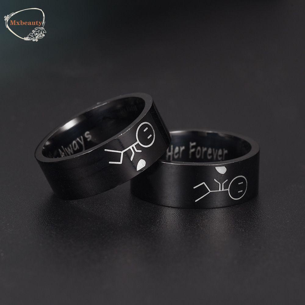 Mxbeauty Cincin Pasangan Keren Sederhana Her Forever Stainless Steel Kawin Pertunangan Cincin Perhiasan Hadiah Cincin Ukir