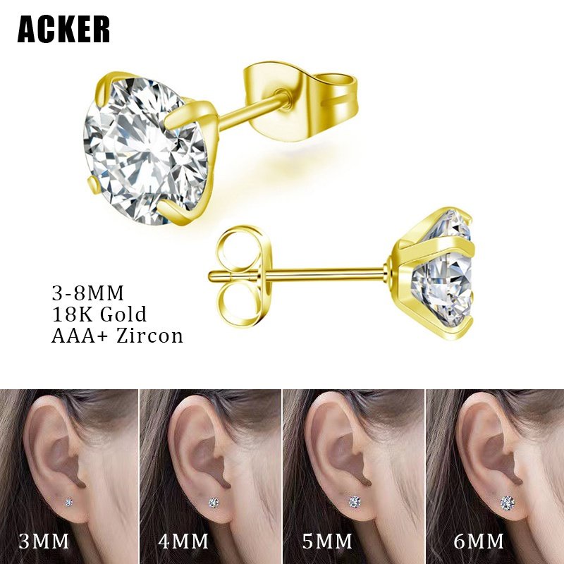 [ACKER] 3-8mm 1pasang 18kGold Cubic Zirconia Titanium Stainless Diamond AAA+Anting Tusuk Zircon Untuk Wanita /Pria