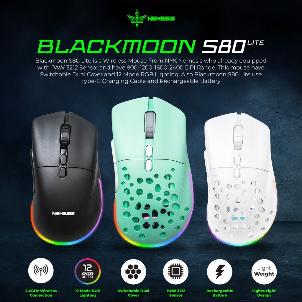 Mouse Gaming Wireless NYK Nemesis S80 Lite Blackmoon / NYK S80 Lite