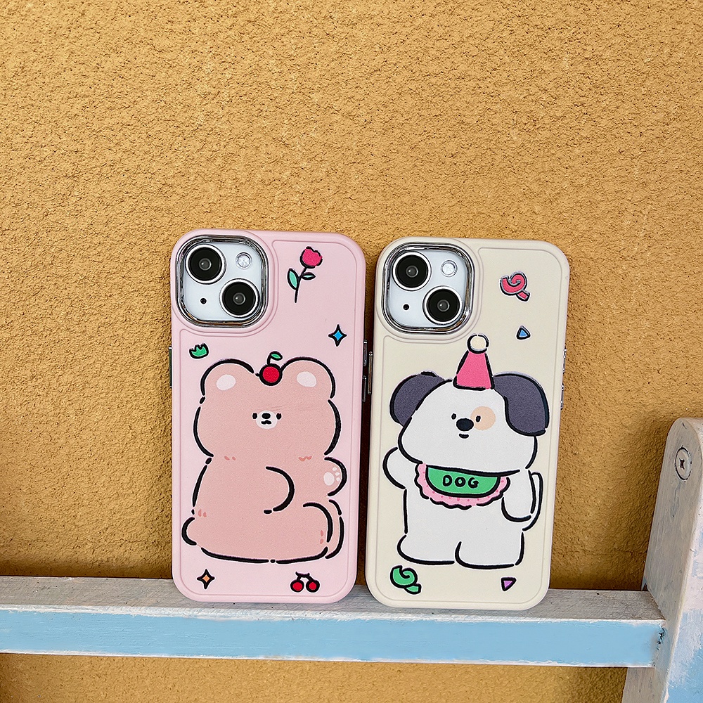Metal Len Matte IPhone Case Kompatibel Untuk Iphone11Topi Kartun Kelinci Beruang Coklat14 Pro Max Casing Ip13 Pro Max Iphone12 Case Lembut TPU Belakang Ponsel Cover