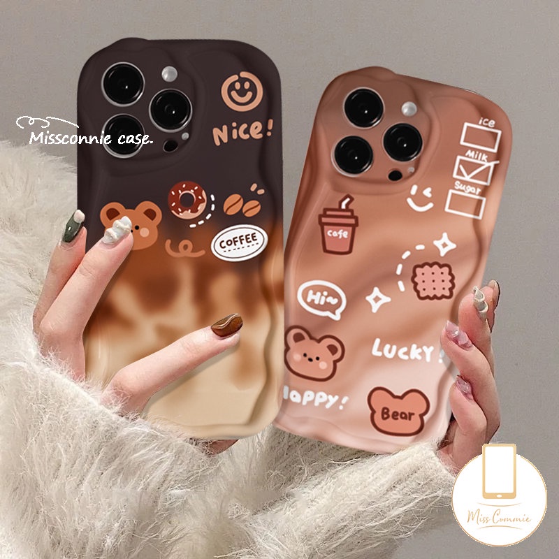 IPHONE Case Donat Kopi Beruang Gradien Beruang Kartun Lucu Kompatibel Untuk Iphone11 14 13 12 Pro Max XR X XS Max 6 6s 7 8 Plus SE 2020 Lembut Tpu Baru 3D Bergelombang Melengkung Penutup Tepi