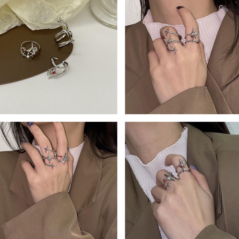 Baru Shiny Star Cross Irregular Crystal Rings Untuk Wanita Unisex Pasangan Cincin Tunangan Pesta Aksesoris Perhiasan Kreatif