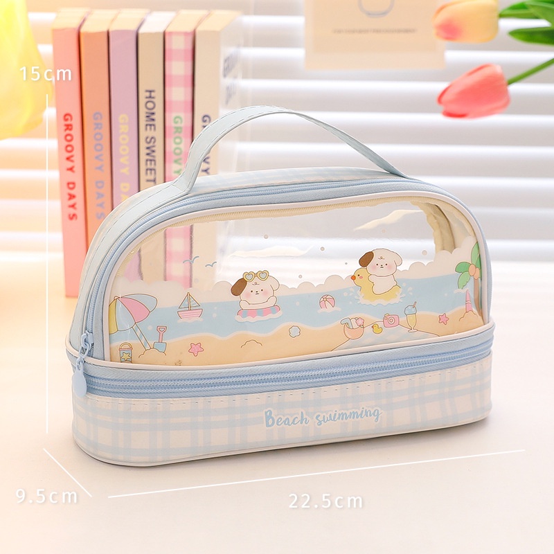 Happy Party Double Layer Pencil Case Kapasitas Besar Lucu Kartun Genggam Ritsleting Kotak Pensil Transparan Tas Pulpen Tas Penyimpanan Siswa Alat Tulis