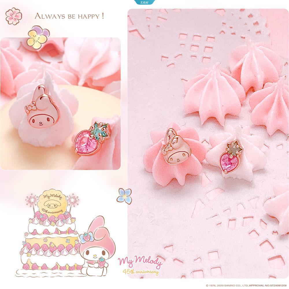 Anting Tusuk Perak Sanrio Perhiasan Sanrio Mymelody Strawberry Bright Crystal Plated Sterling Silver Rose Gold Kwaii Jewelry [ZK]