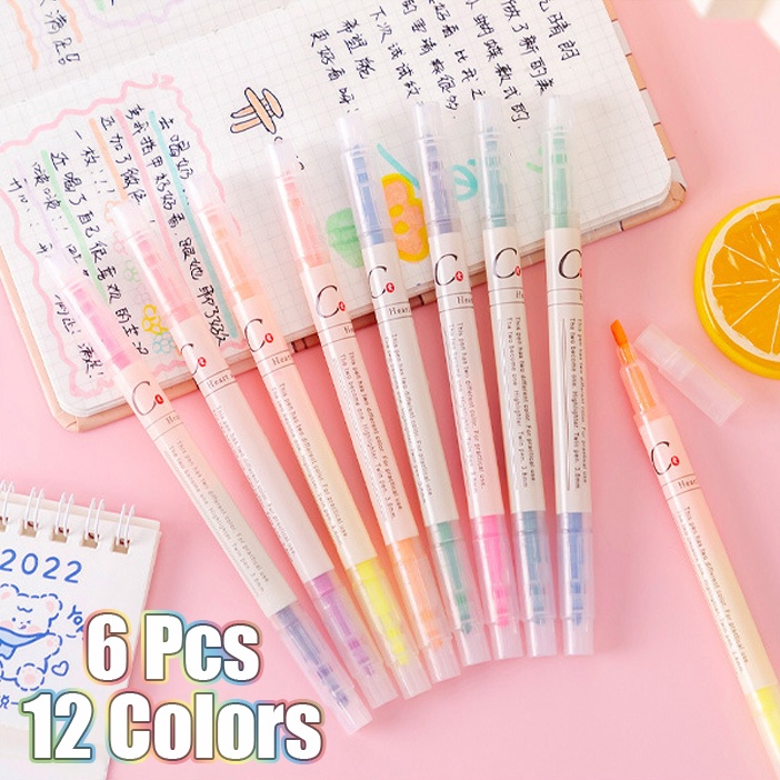 3/6pcs6/12warna Stabilo Dual Tip Mild Penanda Warna Double-Ended Pastel Stabilo Pulpen Untuk Mewarnai Siswa Alat Tulis Perlengkapan Sekolah