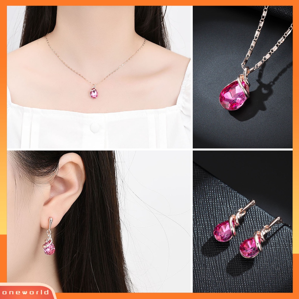 [ONE] 1set Wanita Kalung Elegan Mewah Hadiah Mulia Tetesan Air Merah Berlian Imitasi Bertatahkan Stud Anting Kit Fashion Perhiasan