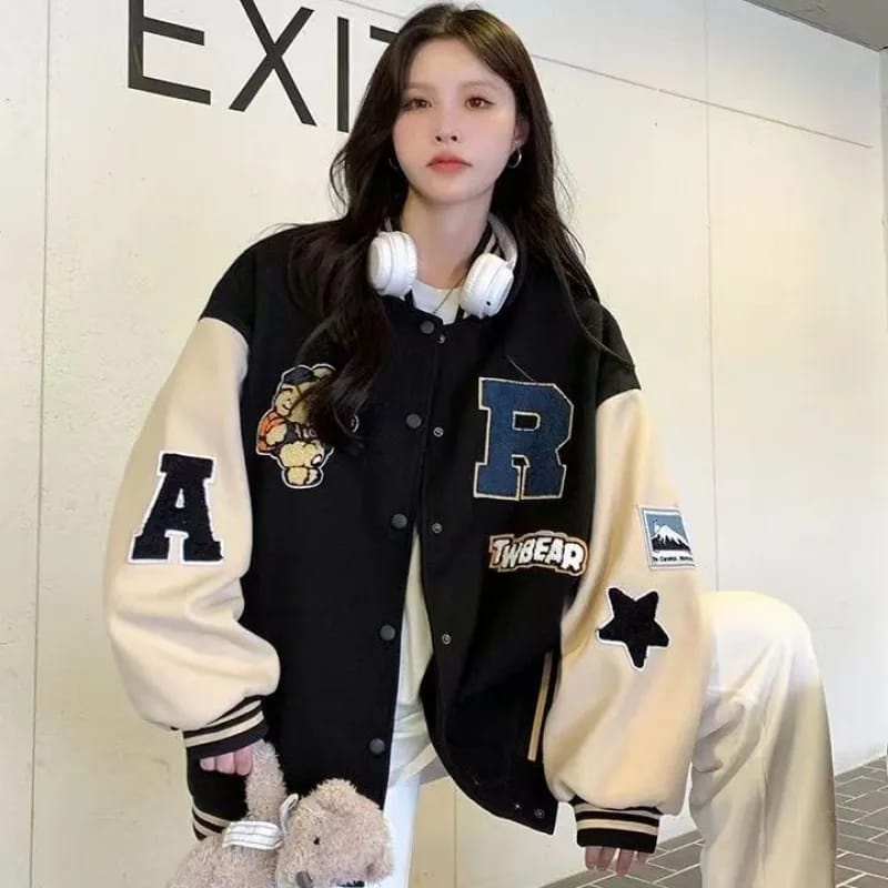 R Tw Bear Baseball Outerwear Jacket Base Ball Varsity Oversize Premium OOTD Casual Daily  Korean Style