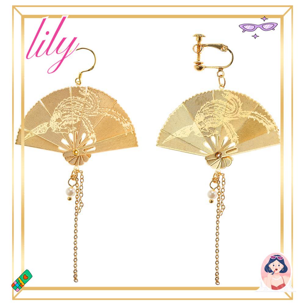 Lily 1pasang/set Anting Kipas Lipat Hadiah Berpohon Mutiara Berbentuk Kipas Gaya Cina