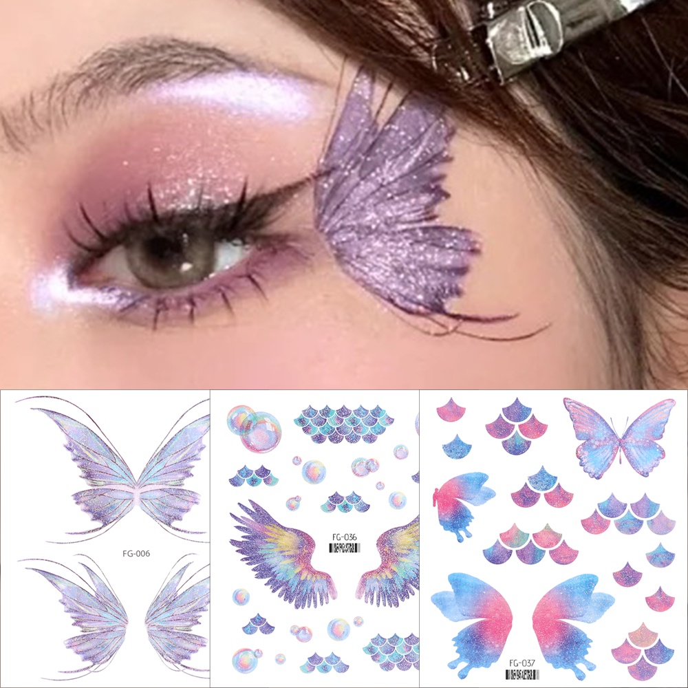 1lembar Wanita Mori Face Glitter Butterfly Temporary Tattoo Stiker/Cewek Tahan Air Kupu-Kupu Bunga Dada, Bahu, Tubuh Seni Tato Palsu Sticker