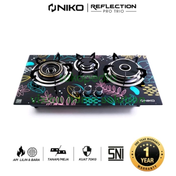 Kompor Gas Kaca 3 Tungku NIKO Reflection Pro Trio Meja & Tanam
