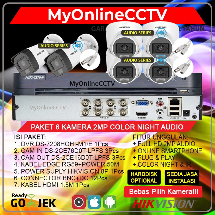 PAKET CCTV HIKVISION 6CH 2MP COLORVU AUDIO DVR 8CH