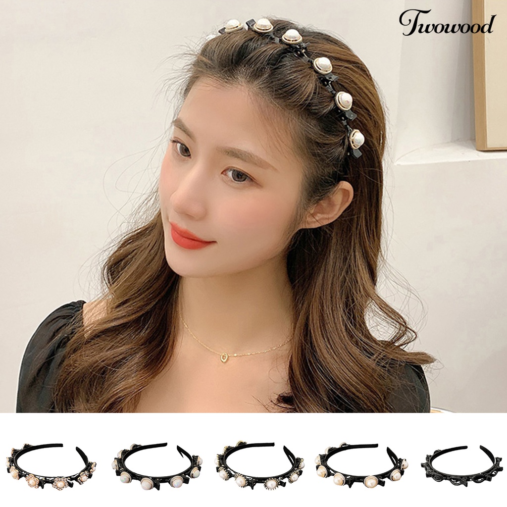 Twowood Bersinar Berlian Imitasi Mutiara Imitasi Dekorasi Bunga Wanita Headband Non-slip Elastis Double Layer Poni Klip Rambut Hoop Aksesoris Rambut