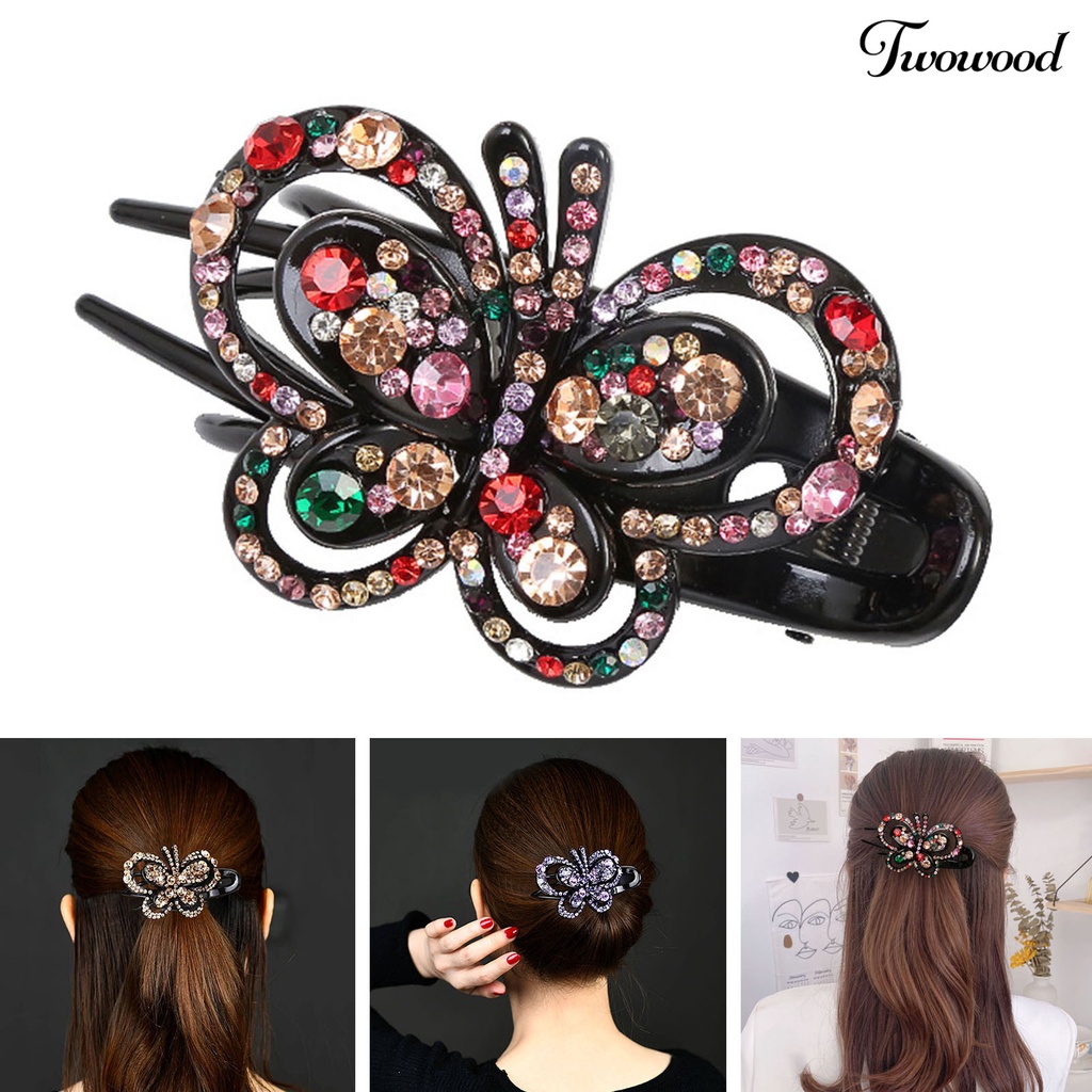 Twowood Berlian Imitasi Kupu-Kupu Rambut Klip 3cakar Mewah Elegan Gaya Rambut Dekorasi Non-slip Wanita Bebek Billed Clamp Fashion Aksesoris Rambut