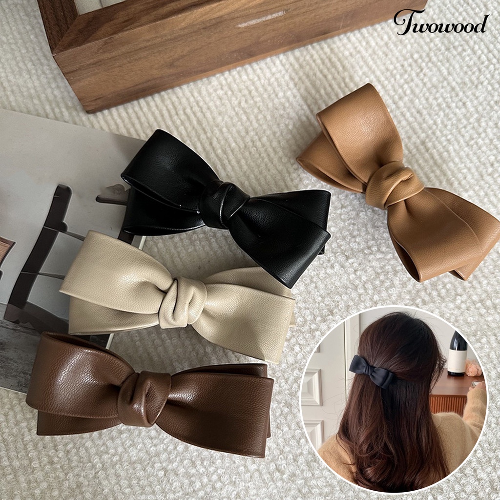 Twowood Wanita Busur Jepit Rambut Warna Solid Kulit Imitasi Anti-slip Ringan Lapisan Ganda Dekorasi Rambut Memperbaiki Poni Rambut Jepit Rambut Aksesoris Rambut