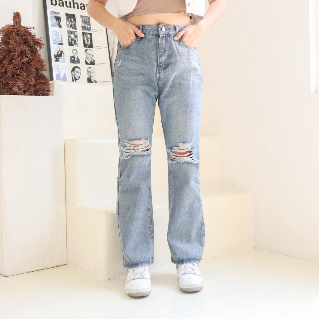 X77 Celana Panjang Wanita Flare Cutbray Non Stretch Tidak Melar Highwaist Ripped Jeans Blue Demorin