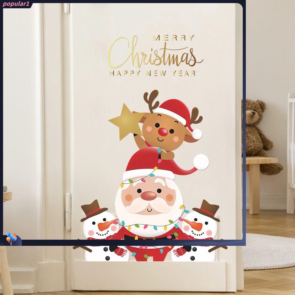 Stiker Dinding Populer Happy New Year2022 Merry Christmas Elk Santa Claus Snowman Poster Pintu