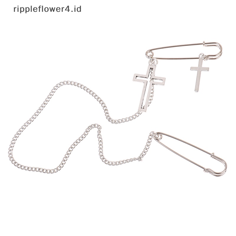 {rippleflower4.id} Retro Punk Cross Liontin Rantai Panjang Rumbai Perak Disepuh Pin Bros Perhiasan~