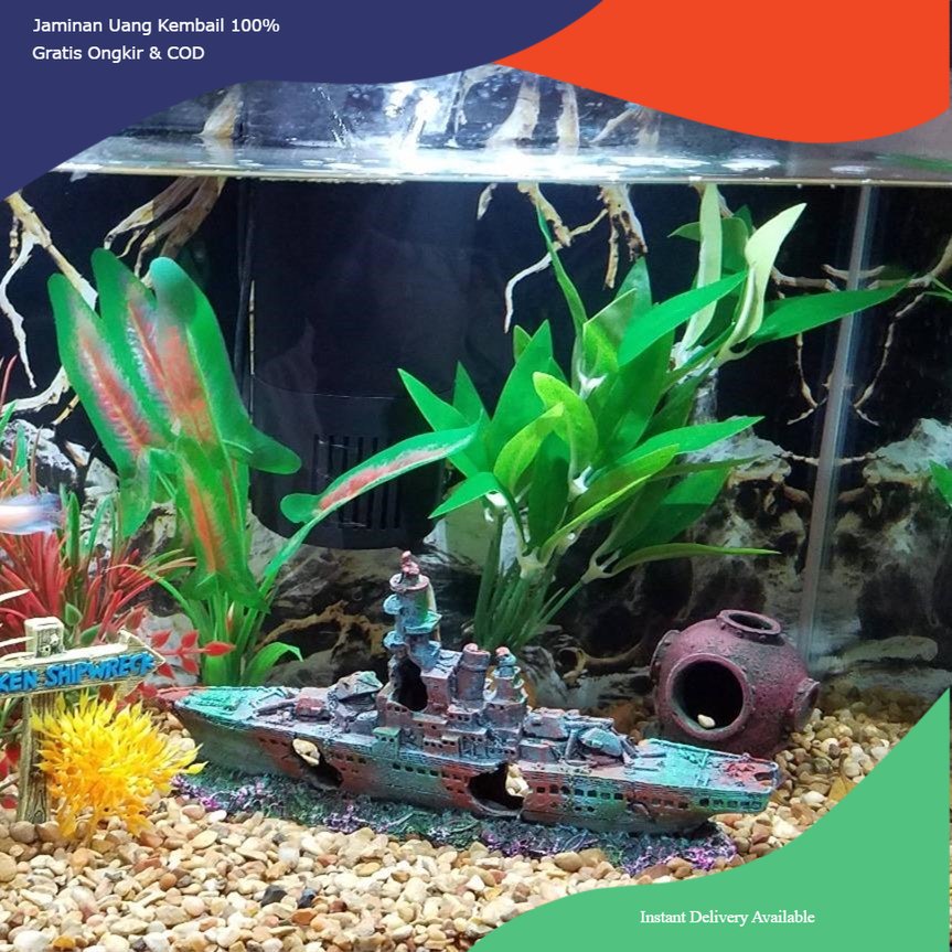 Hiasan aquarium kapal perang tenggelam, hiasan aquarium kapal tenggelam, dekorasi aquarium kapal per