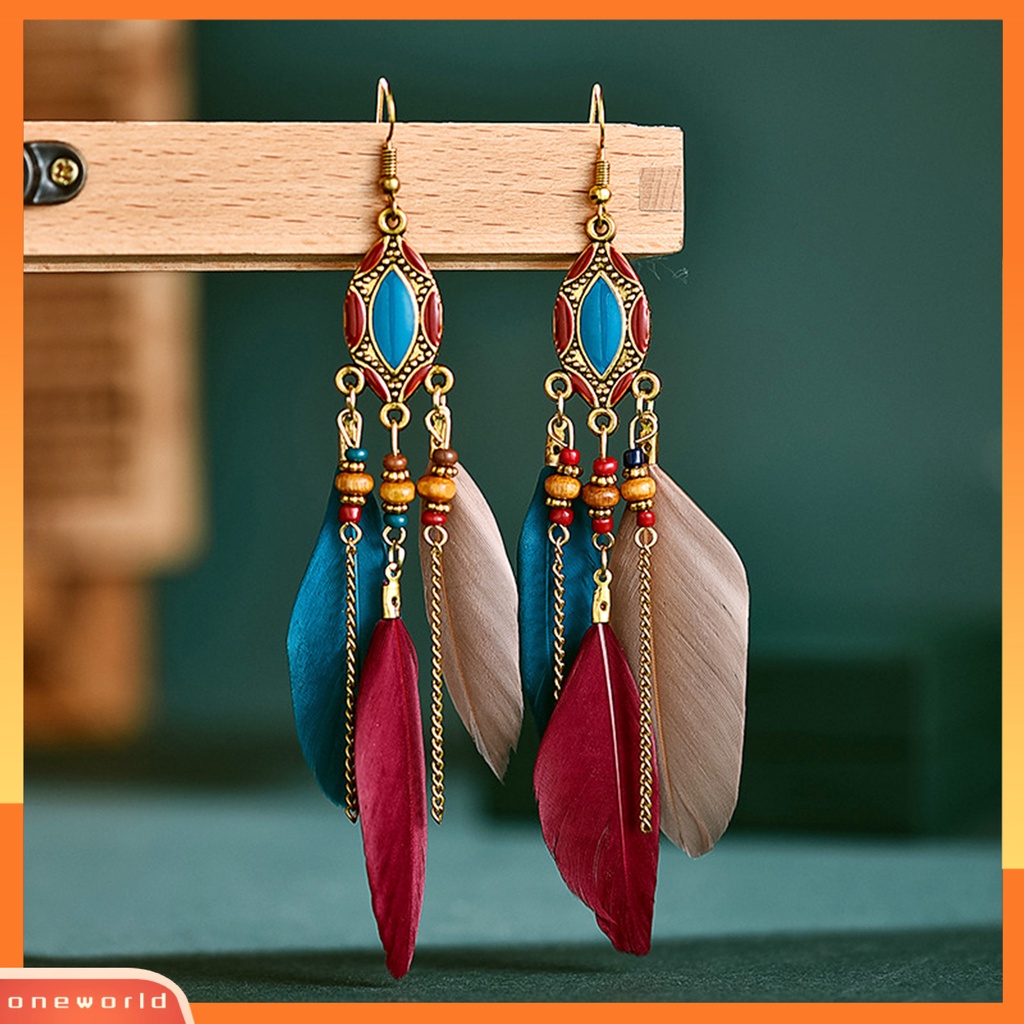 [WOD] 1pasang Anting Drop Beads Feather Jewelry Anting Kait Panjang Multiwarna Untuk Pesta