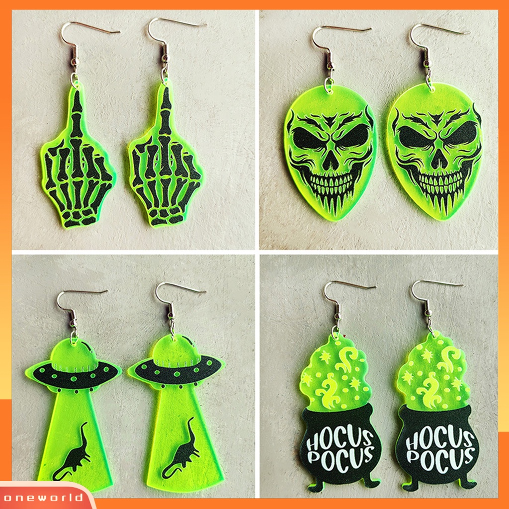 [WOD] 1pasang Anting Halloween Neon Meriah Geometris Pesta Halloween Tengkorak Mengerikan UFO Penyihir Drop Anting Berdandan Perhiasan Hadiah Untuk Festival Hantu