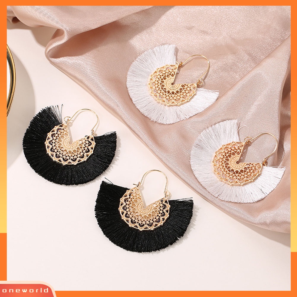 [WOD] Bohemian Wanita Berbentuk Kipas Rumbai Pinggiran Bunga Menjuntai Drop Hoop Earrings Perhiasan