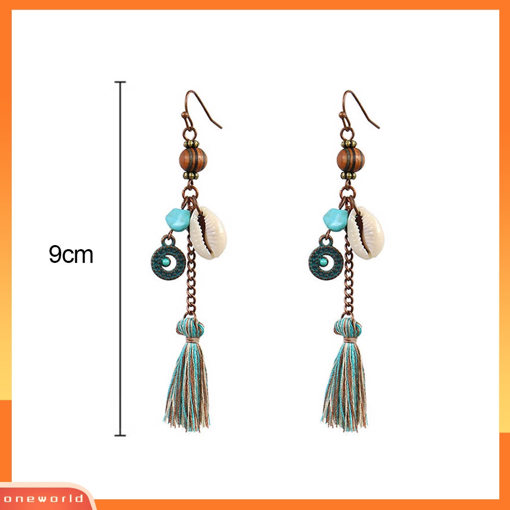 [WOD] Bohemia Wanita Faux Turquoise Shell Rumbai Panjang Menjuntai Kait Anting Perhiasan Hadiah