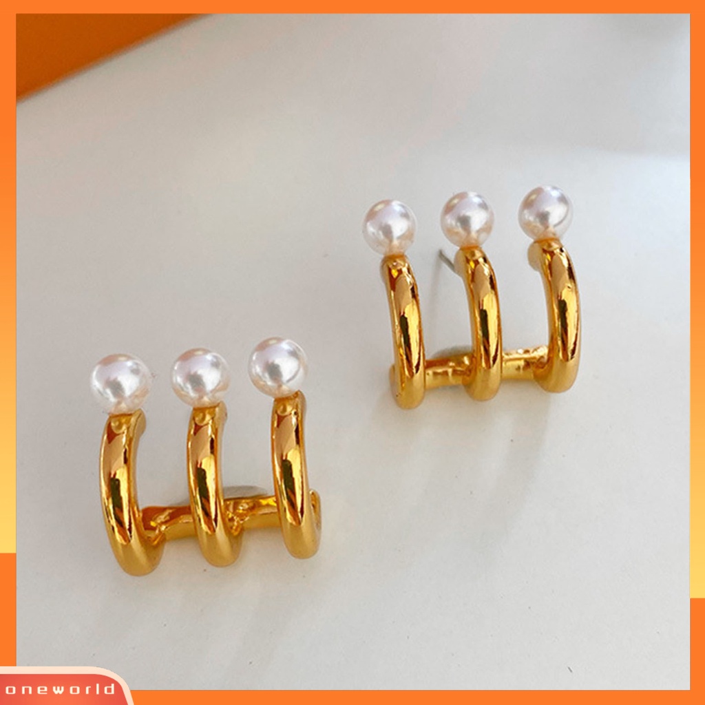 [WOD] 1pasang Anting Wanita Tiga Lapis Mutiara Imitasi Semua Cocok Warna Kontras Lady Stud Earrings Perhiasan Harian