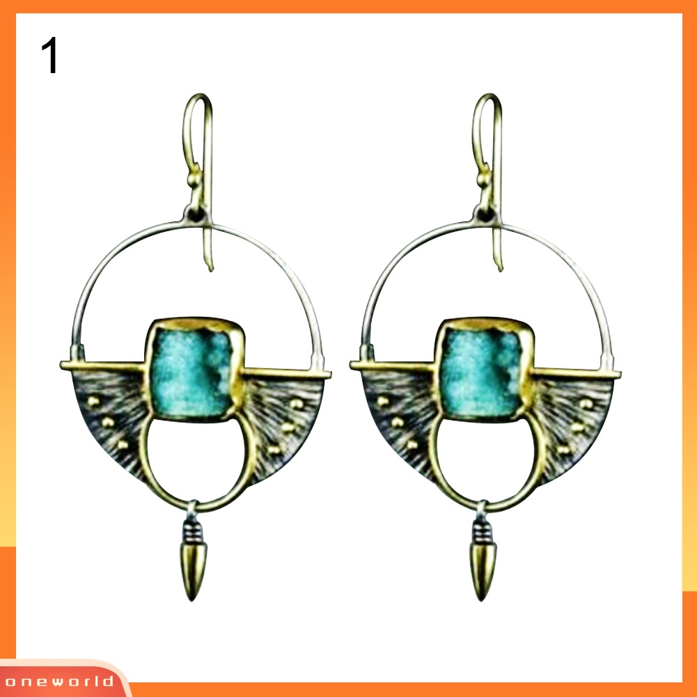 [WOD] Vintage Wanita Faux Moonstone Hollow Bulat Menjuntai Kait Anting Perhiasan Hadiah