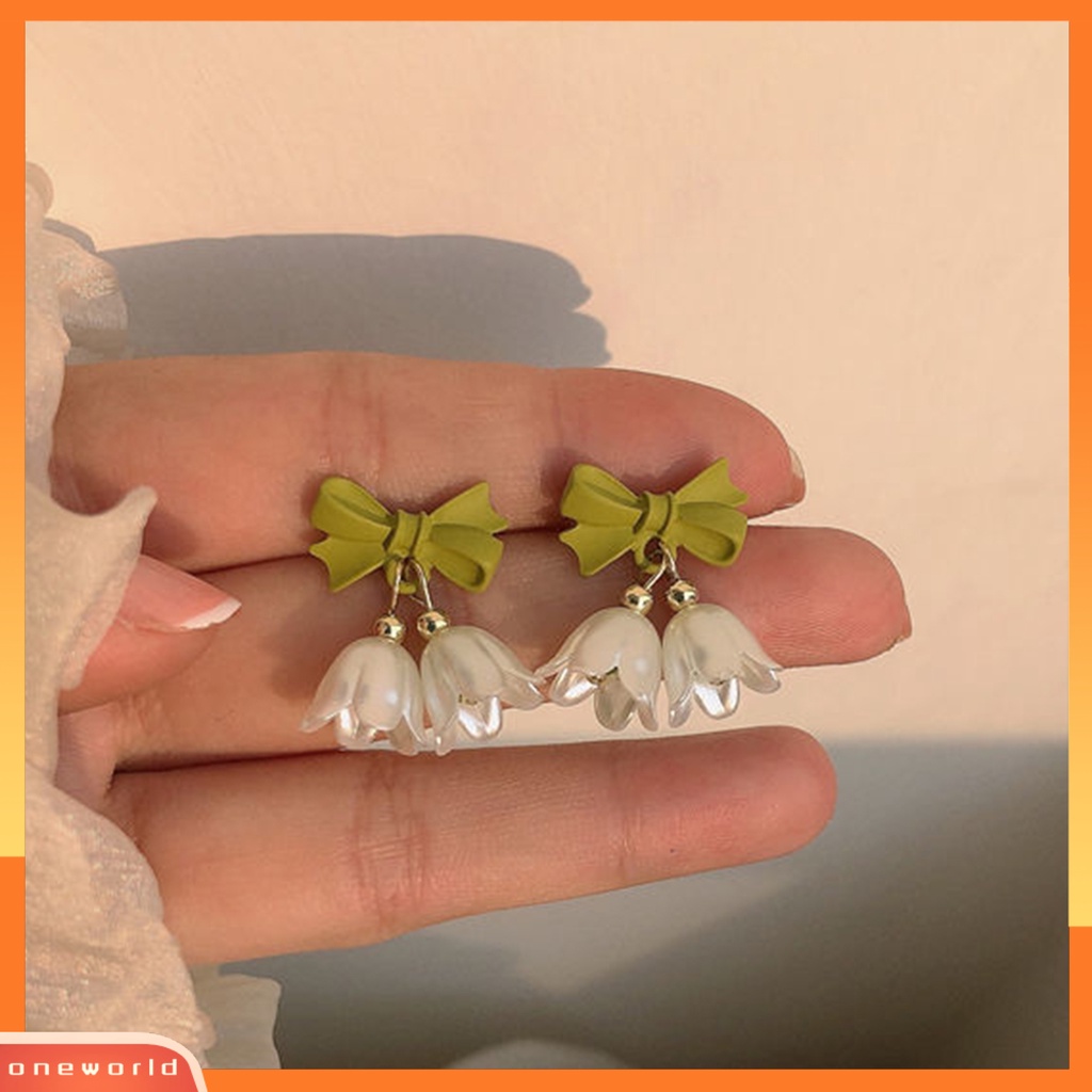 [WOD] 1pasang Drop Earrings Tulip Busur Perhiasan Mutiara Imitasi Anting Bunga Untuk Perjamuan