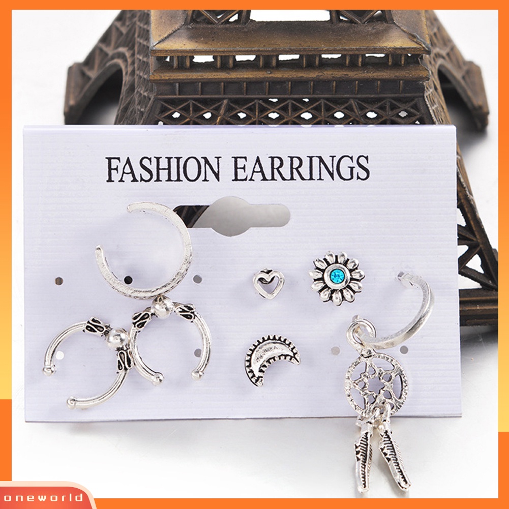 [WOD] 7pcs Retro Wanita Penangkap Mimpi Bulan Hati Bentuk C Anting Hoop Ear Studs Set