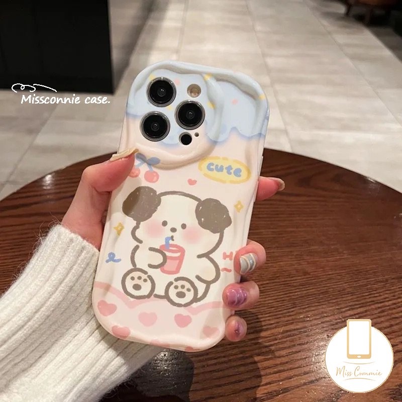 IPHONE Casing Ponsel Beruang Indah Kompatibel Untuk Iphone11 12 14 13 Pro Max 7Plus X XR 7 6 8 6s Plus XS Max SE 2020kartun Beruang Lucu Es Krim Teh Susu Puppy 3D Bergelombang Melengkung Penutup Tepi