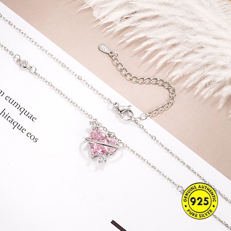 S925 Perak Pink Berlian Love Kalung Cahaya Mewah Manis Pink Planet Ornamen U1753