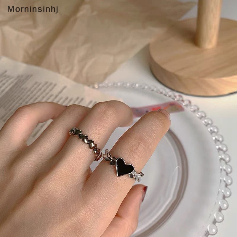 Mornin 2PCS Vintage Jantung Cincin Cinta Jari Rings Set Untuk Wanita Pasangan Kekasih Gadis Pesta Hadiah Tertekan Warna Hitam Hati Perhiasan id