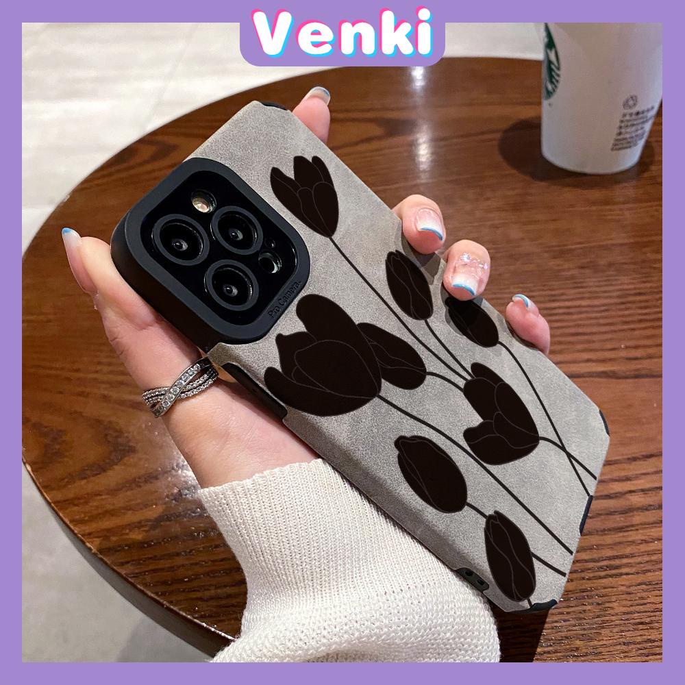 VENKI - Untuk iPhone 11 Case Leather Pupil Suede Case Soft Shockproof Case Camera Simple Black Flower Kompatibel dengan iPhone 14 13 Pro max 12 Pro max xr xs 7Plus 8Plus