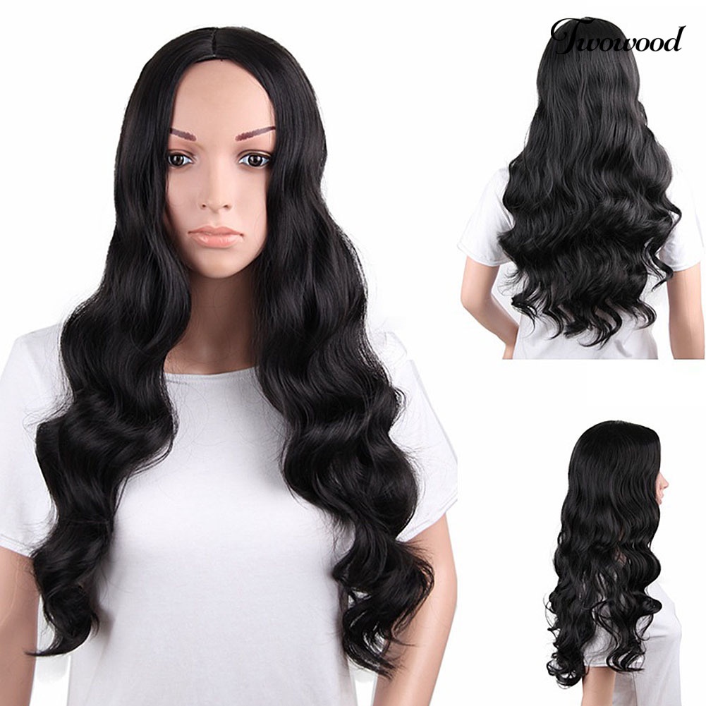 Twowood Wanita Seksi Hitam Panjang Keriting Bergelombang Rambut Tahan Panas Sintetis Wig Sopak