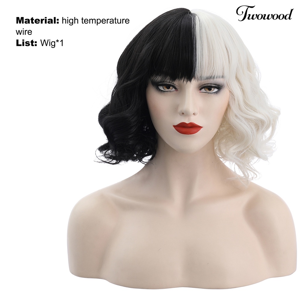 Twowood Cruella Wig Vivid Styles Wavy Serat Suhu Tinggi Setengah Hitam Kecil Pendek Keriting Karena Wig Alat Cosplay