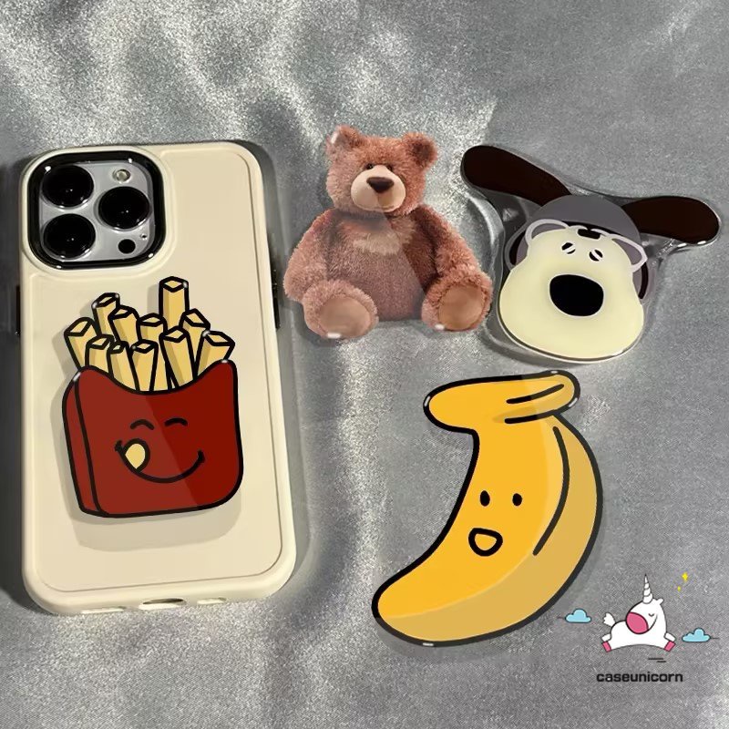 IPHONE Kompatibel Untuk Iphone7 8 Plus XR 11 13 14 12 Pro MAX X XS MAX Warna Solid Bingkai Lensa Logam Plating Sederhana Soft Cover Dengan Kartun Lucu Puppy Bear Fries Pisang Aksesoris Bracket