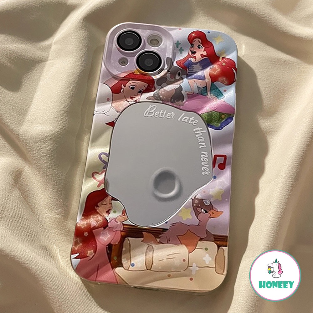 Ins Kartun Mermaid Princess Wave Pattern Phone Case Untuk iPhone 14 Pro 11 13 12 Pro Max Irregular Geometri Makeup Cermin Anti-Shock Penutup Belakang