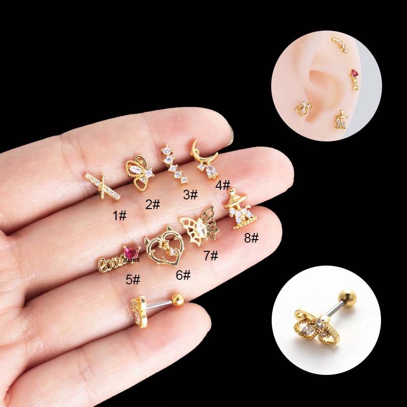 1biji Kupu-Kupu Bentuk Bulan 20Gauge Barbel Lurus Stainelss Steel Tulang Rawan Tragus Helix Pinna Lobe Piercing Dengan Zirccon