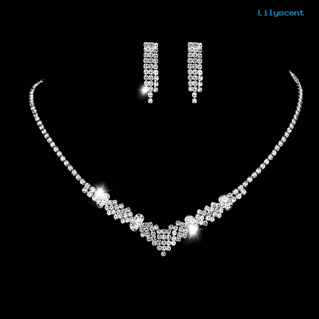 [LS]4Pcs/Set Perhiasan Set High Gloss Eye-catching Electroplating Pengerjaan Indah Mewah Dress Up Perempuan Berlian Imitasi Bersinar Anting Gelang Kalung Set Perhiasan Aksesori