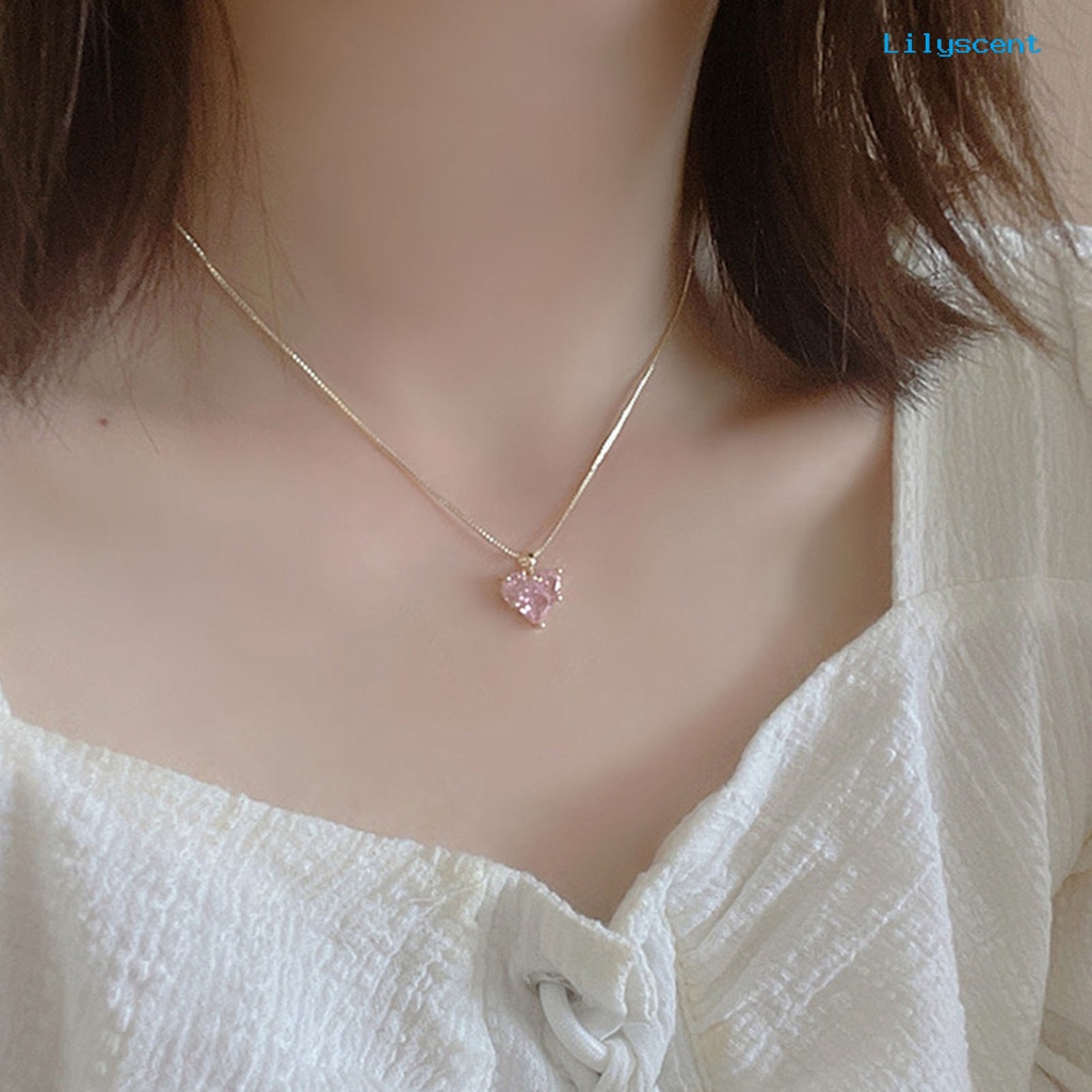 [LS]Ladies Kalung Cubic Zirconia Bersinar Bentuk Geometris Menawan Tahan Aus Berdandan Hypoallergenic Merah Muda Bentuk Hati Liontin Kalung Perhiasan Aksesori