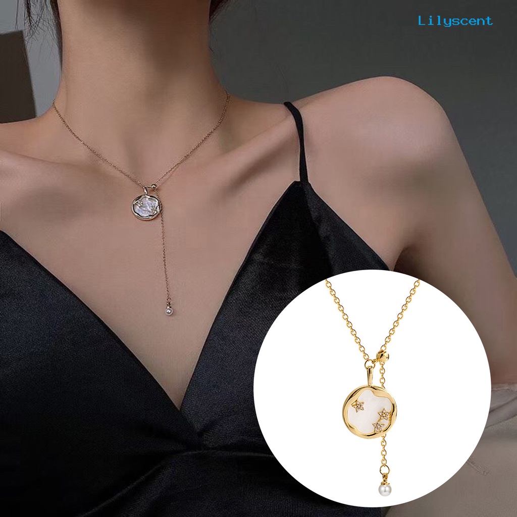 [LS]Wanita Kalung Bulat Liontin Mutiara Imitasi Rantai Rumbai Elegan Adjustable Golden Bling Berlian Imitasi Bintang Klavikula Kalung Fashion Perhiasan