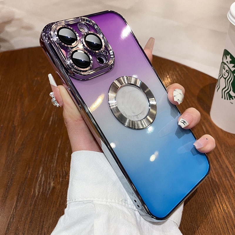 IPHONE Casing Warna Gradasi Lensa Kaca Mewah Untuk Iphone12 13 14 Pro Max Pelindung Kamera Besar Soft Cover