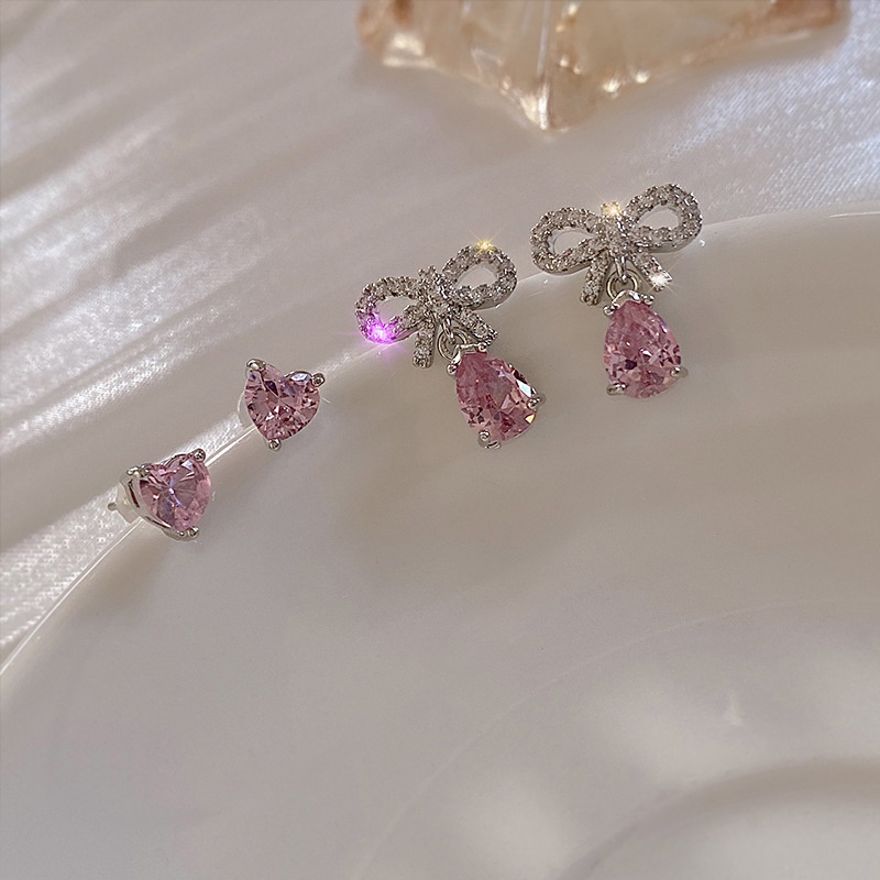 4 Pcs Mewah Pink Batu Permata Hati Kristal Ikatan Simpul Stud Anting Set Untuk Wanita Hypoallergenic Perhiasan Aksesoris