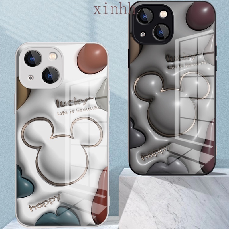 IPHONE Casing Kaca Datar 3D Cocok Untuk Iphone14 13 12 11 Pro Max Cat Metalik Motif Kartun Mickey Casing Pelindung