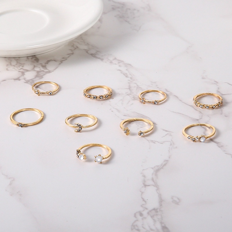 [Ready Stock]9pcs /Set Fashion Perempuan Cincin Sederhana Geometris Jantung Memutar Emas Cincin Set Wanita Berlian Imitasi Cincin Pesta Pernikahan Perhiasan Aksesoris