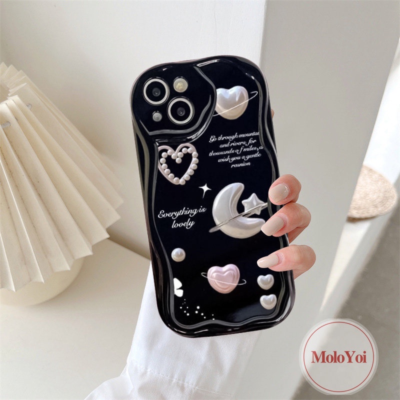 Case Alfabet Cinta Hati Bulan Romantis Kompatibel Untuk IPhone 7Plus XR X XS Max 6 6s 7 8 Plus 8plus11 12 13 14 Pro Max SE 2020 3D Wavy Curved Edge Cover