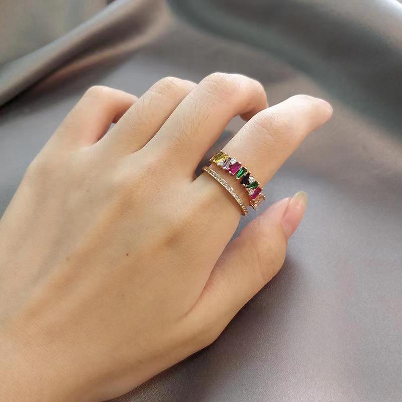 Eropa Amerika Cahaya Mewah High-End Warna-Warni Zirkon Cincin Dua Lapis Perempuan All-Match Unik ins Tren